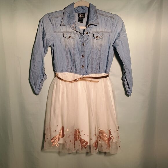 Girls Unicorn Tulle Dress with Denim Top – Cute Party & Casual Outfit - Picture 1 of 4